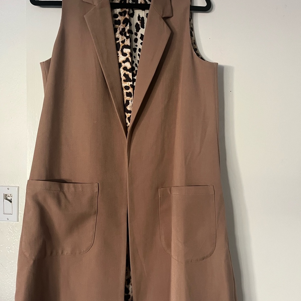 Macy's Tan Sleeveless Blazer with Leopard Lining